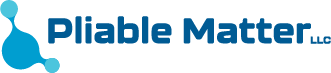 Logo with the image a molecule followed by the words Pliable Matter LLC in a modern tech font